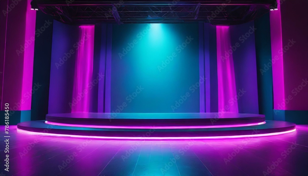 Wallpaper spotlight illuminated the stage for opera performance. Stage lighting. Empty stage with bright colors backdrop decoration. Entertainment show.