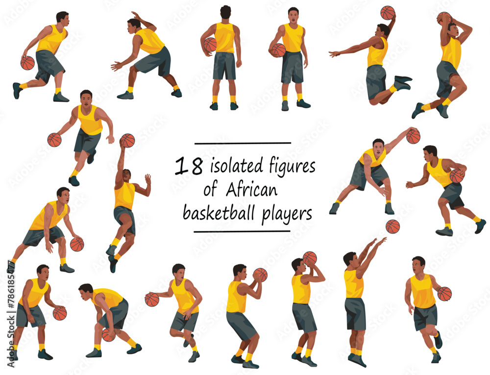 18 black basketball players in yellow jersey standing with the ball, running, jumping, throwing, shooting, passing the ball 18 black basketball players in yellow jersey standing with the ball, running, jumping, throwing, shooting, passing the ball
