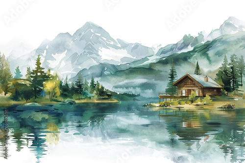 Watercolor Serene Mountain Cabin on Transparent Background. PNG
