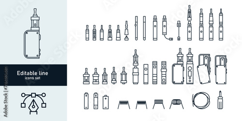 vecor set of vape related simple line Icons. RDA, Atomizer, drip tip, mod, e-liquid, coil