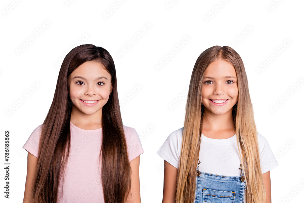 Close-up portrait of two people nice-looking sweet tender attractive beautiful cheerful straight-haired girls siblings isolated over blue pastel background Close-up portrait of two people nice-looking sweet tender attractive beautiful cheerful straight-haired girls siblings isolated over blue pastel background