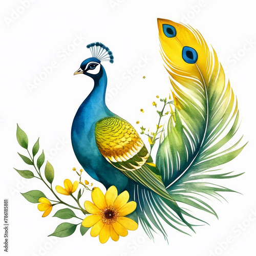 Peacock with flowers and leaves isolated on white background. Watercolor illustration
