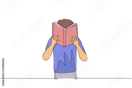Continuous one line drawing man seriously reading a book until cover the face. Nervous when facing the final exams. Try to focus. Reading increases insight. Single line draw design vector illustration