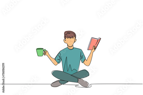 Single one line drawing clever man sitting cross-legged reading book. Accompanied by mug of coffee to make reading more interesting. Knowledge. Calmness. Continuous line design graphic illustration