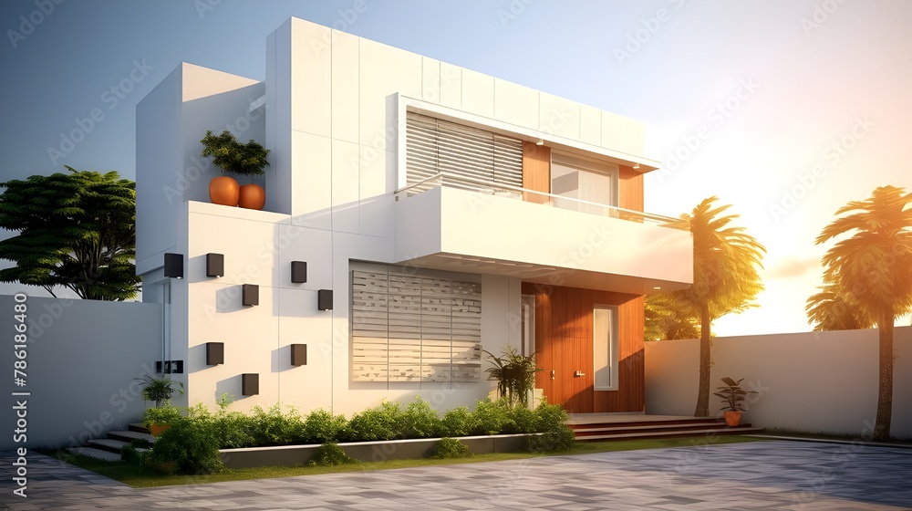 Iconic modern house design with white and brown color scheme, transparent clipart image Iconic modern house design with white and brown color scheme, transparent clipart image