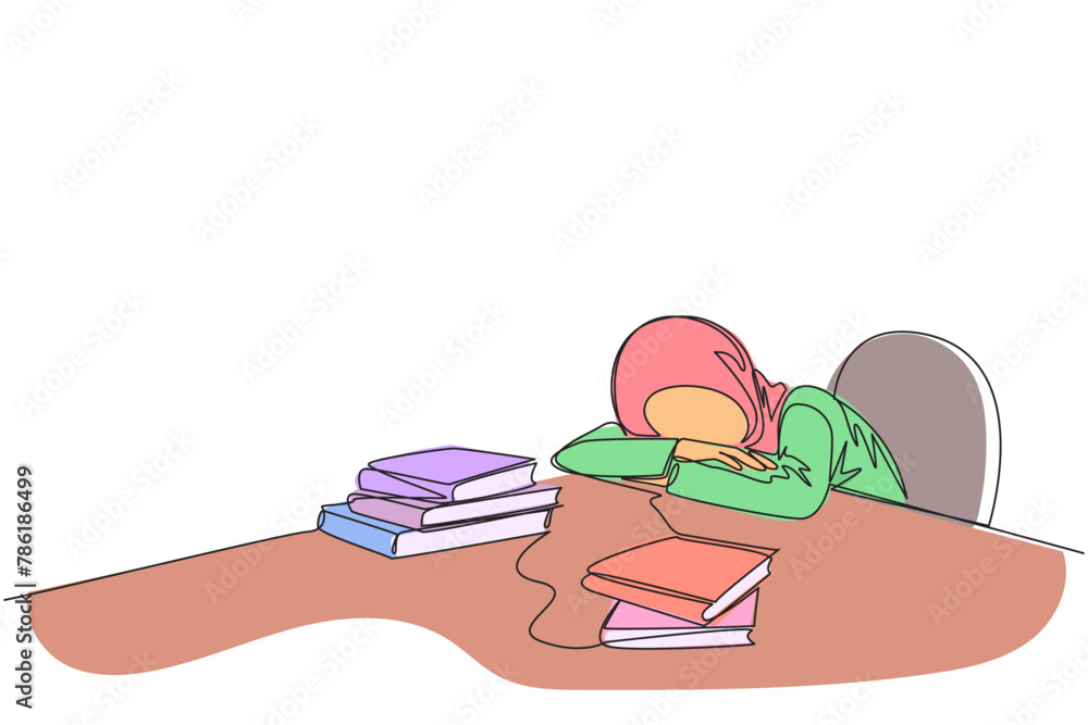 Continuous one line drawing Arabian woman asleep at table where there were piles of books. Tired after successfully finish favorite reading book. Reading. Single line draw design vector illustration Continuous one line drawing Arabian woman asleep at table where there were piles of books. Tired after successfully finish favorite reading book. Reading. Single line draw design vector illustration