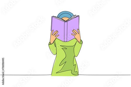 Single continuous line drawing Arab woman seriously reading book until cover the face. Nervous when facing the final exams. Try to focus. Reading increase insight. One line design vector illustration