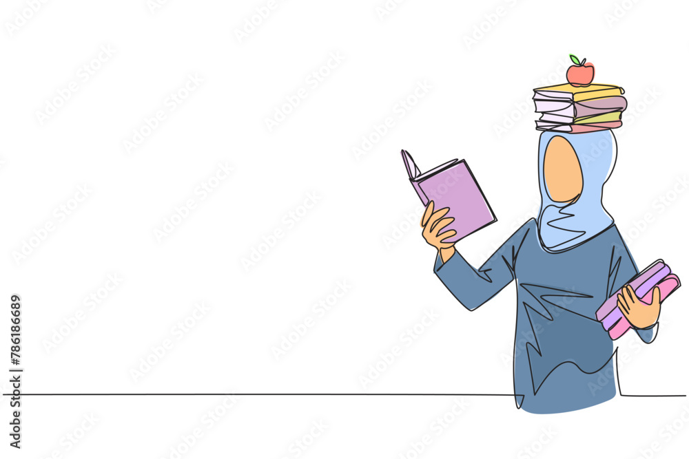 Single one line drawing Arab woman reading book practicing balance ...
