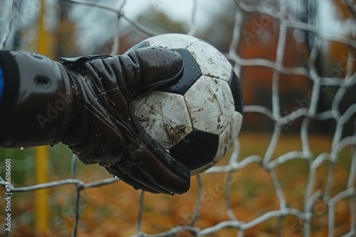 A goal keeper hand catches football with a big blurry backdrop and space for text or sports type product advertisement with daylight view, Generative AI.
