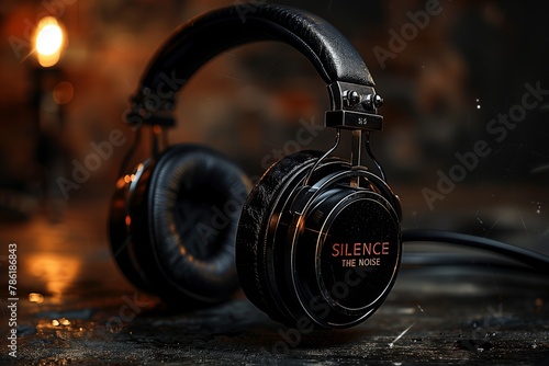 Striking close-up of premium noise-cancelling headphones inscribed with 'Silence the Noise', poised on a textured surface, encapsulated by a warm, ambient glow. photo