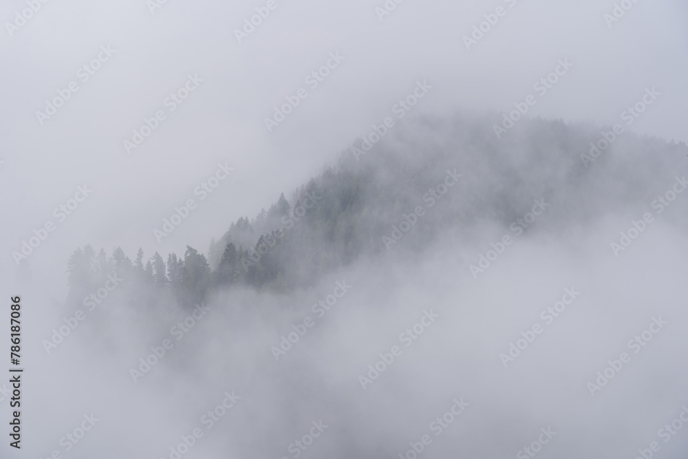 A mountain in the fog
