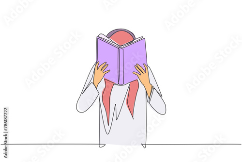 Continuous one line drawing Arabian man seriously reading book until cover the face. Nervous when facing the final exams. Try to focus. Reading increase insight. Single line design vector illustration