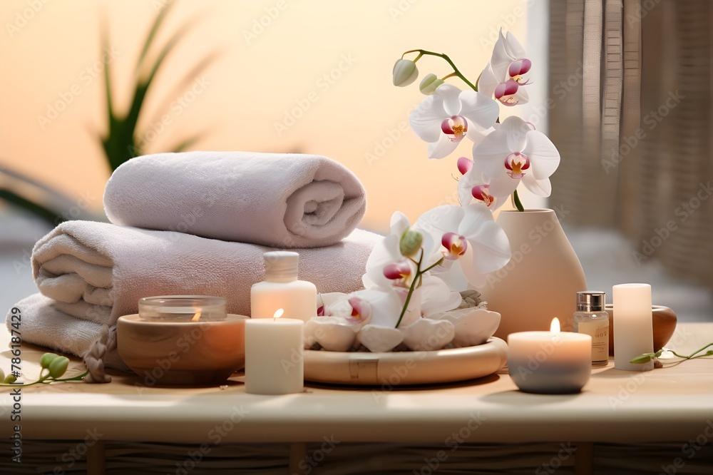 Spa Massage Stones With Candles And Towels on table