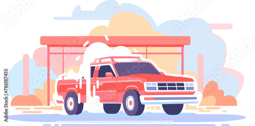 Classic red pickup truck getting washed at a bubbly car wash station. Flat vector illustration.