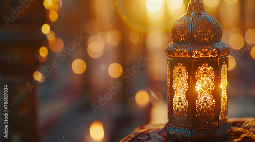 lantern with a lit candle sits on table, Eid mubarak background, islamic, religion photo