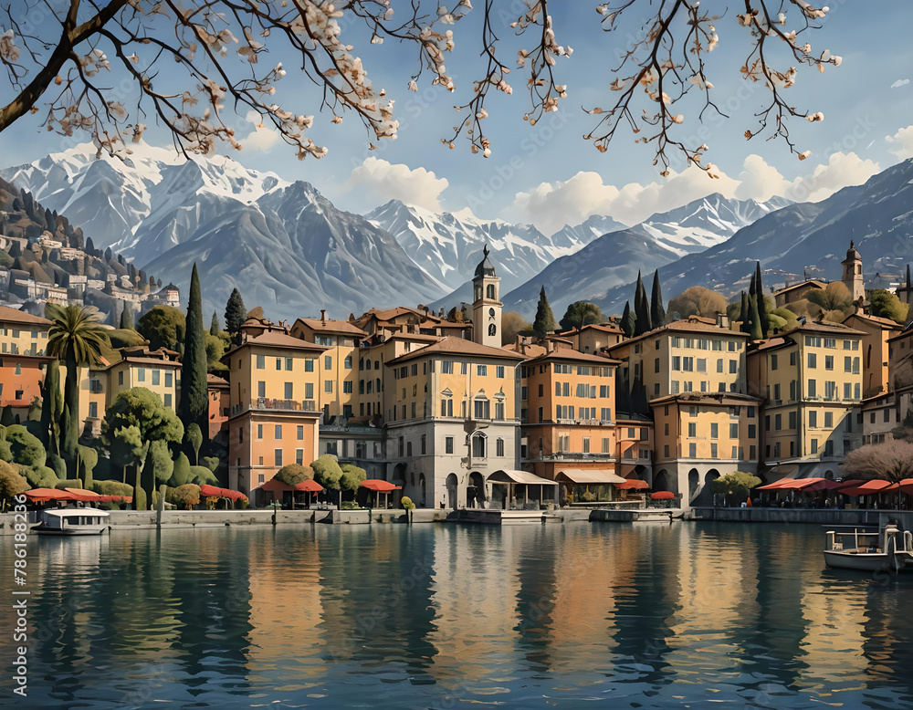 Watercolor sketch of a Mediterranean traditional town. Old building and snow capped mountains reflected in lake. Dramatic AI generated landscape. Digital illustration. CG Artwork Background