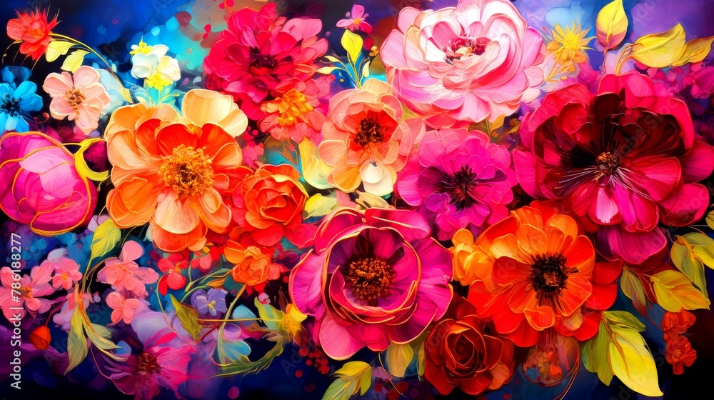 A vibrant collection of various flowers in full bloom with prominent shades of  red against a multicolored background 