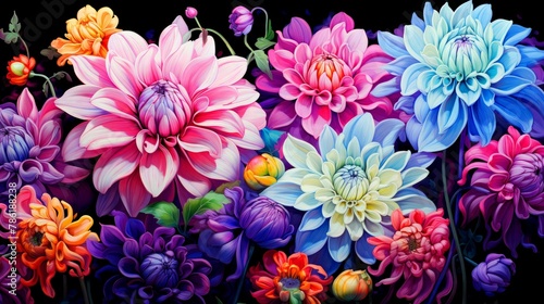 A vibrant collection of various colorful flowers, including dahlias and chrysanthemums, with a focus on pink, blue, purple, and orange hues against a dark backgrou