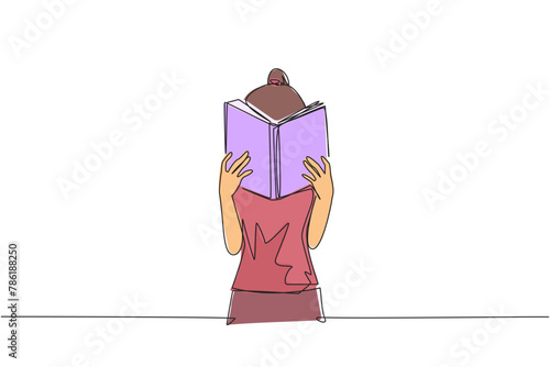 Single continuous line drawing woman seriously reading a book until cover the face. Nervous when facing the final exams. Try to focus. Reading increases insight. One line design vector illustration