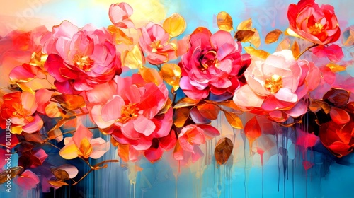 Vibrant pink and red flowers with thick impasto brushstrokes on a blue background with dripping paint details