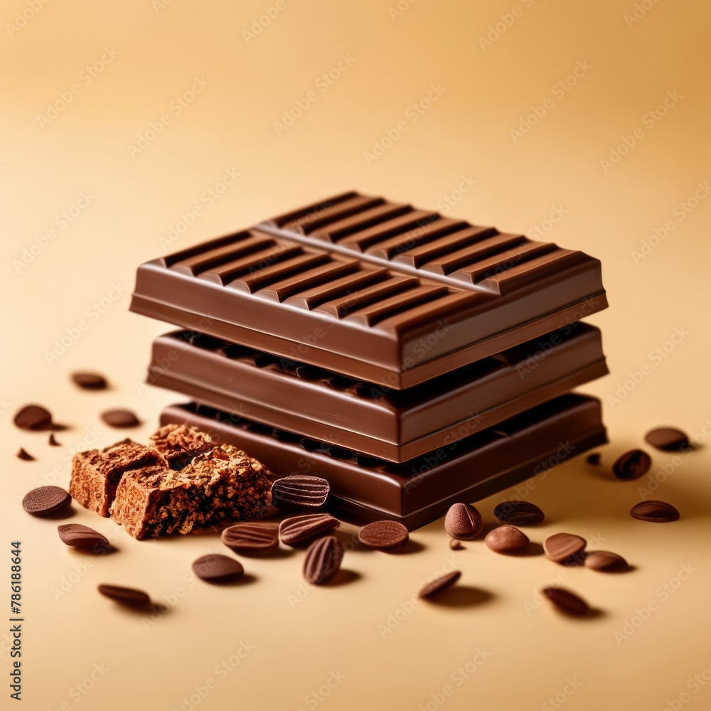 Chocolate bars and coffee beans on yellow background. Shallow dof. Chocolate bars and coffee beans on yellow background. Shallow dof.