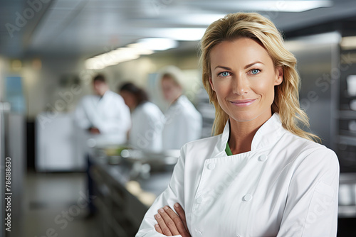 Confident Dietitian in Lab Coat Smiling in Modern Office Setting photo