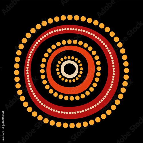 Stylized sun. Australian art. Aboriginal painting style. Smooth round shapes, dota and circles isolated on black background. Doodle sketch style. Minimalistic graphic print. Vector color illustration.