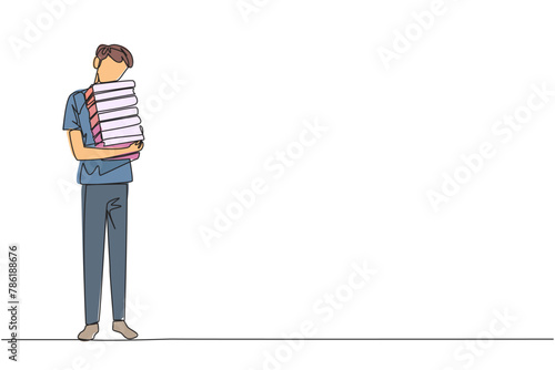 Continuous one line drawing man standing hugging some books. Favorite book that finish reading. Some books will be donated to national library. Charity. Knowledge. Single line draw vector illustration