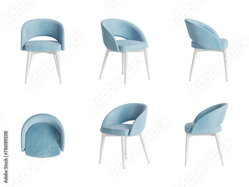 Set of six views of a modern chair with a velvet light blue cover, and four white legs isolated on a transparent background. Front view, top view, two sides, two perspectives. 3d render photo