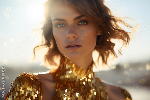 Portrait of a woman adorned in gold, with radiant makeup and sequins, exuding luxury
