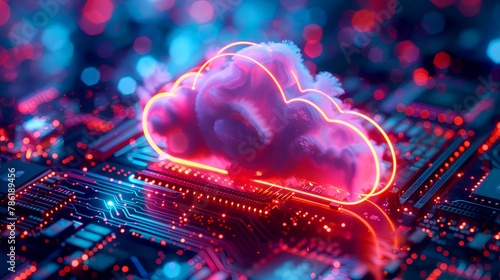 Neon glowing cloud with a brain like texture floating above a circuit board with red and blue lights