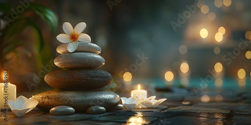 Tranquil Zen Stones and Candles Evoking Serene Spa Like Atmosphere with Soothing Floral Accents