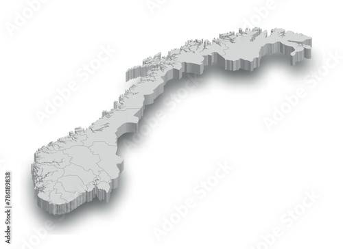 3d Norway white map with regions isolated