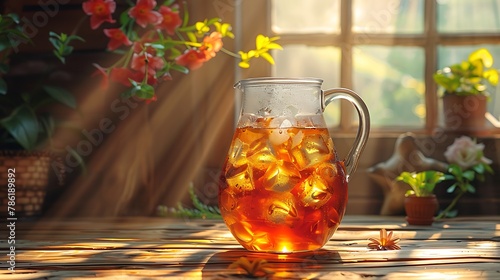 Rays of sunlight dance upon a pitcher of iced tea, evoking lazy afternoons and leisurely sips.