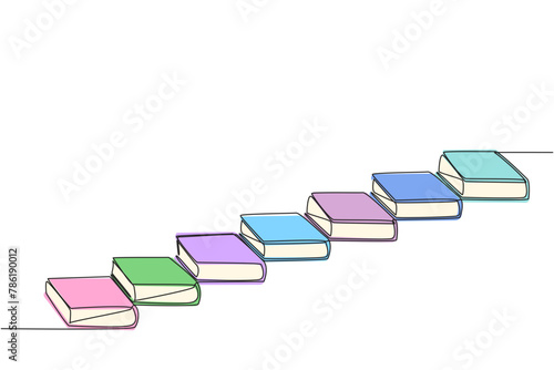 Single one line drawing stack books that act as stairs. The metaphor of a book can raise the level of the person who reads it. Book festival outer space. Continuous line design graphic illustration