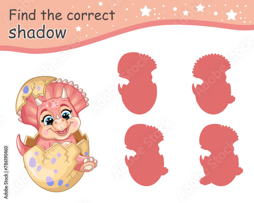 Find correct shadow of baby triceratops in egg vector illustration