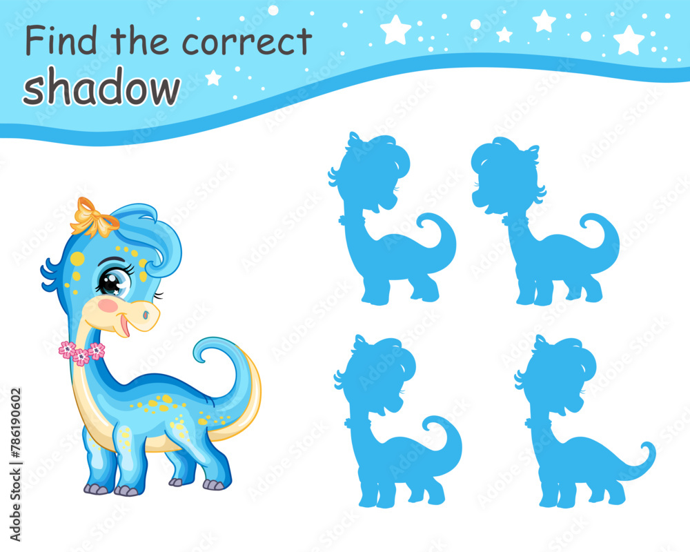 Fototapeta premium Find correct shadow of blue color dinosaur vector illustration