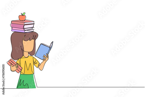 Single continuous line drawing girl read book practicing balance. Stack books on top of head along with the apple. Balancing reading rhythm  train focus. Love read. One line design vector illustration