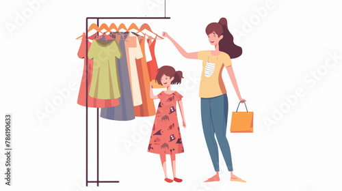 Mother and daughter kid choosing clothes on shop 