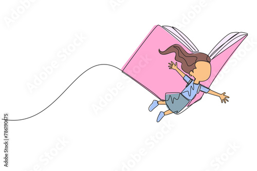 Single one line drawing the brave girl flying with wings that come from an open big book. Metaphor carried away with the storyline. Constructive fantasy. Continuous line design graphic illustration