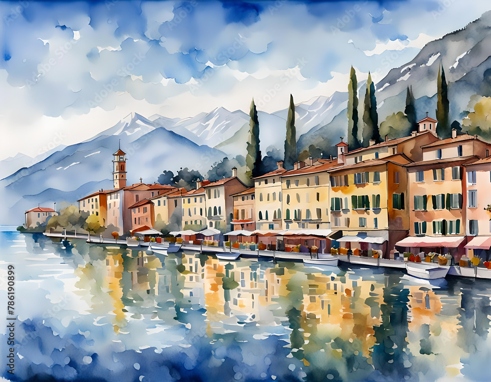 Fototapeta premium Watercolor sketch of a Mediterranean traditional town. Old building and snow capped mountains reflected in lake. Dramatic AI generated landscape. Digital illustration. CG Artwork Background