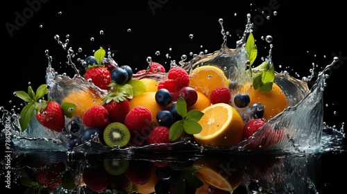 Beautiful berries and fruits falling with splashes into the water. On a dark background.