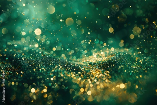 Against a backdrop of rich greenery, golden bokeh lights create a mesmerizing spectacle of light and color. 