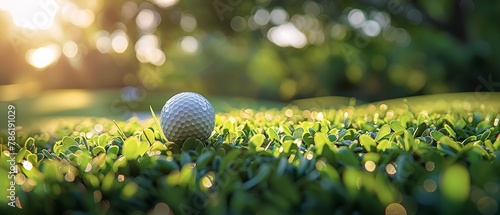 A close shot of a golf ball in ground with a big space for text or sports type product backdrop with a morning sunshine, Generative AI.