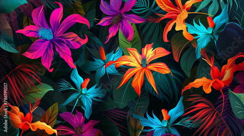 Vivid fuchsia and bright orange tropical blooms  electric blue details energize a dark green jungle.