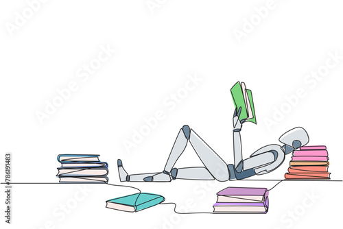 Single one line drawing smart robot lying down reading a book. Lots of books scattered around. Hobby reading. Technology book festival concept. Future AI. Continuous line design graphic illustration