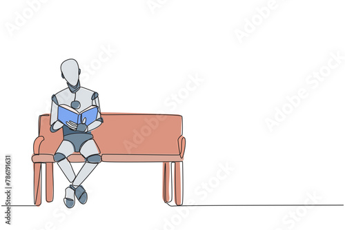 Single one line drawing smart robot sitting reading on chair in the university park. Prepare for the final exam with serious reading. Book festival concept. Continuous line design graphic illustration