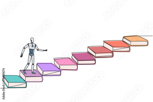 Single continuous line drawing smart robot climb stairs from book. Reading increases knowledge which can increase the dignity of better life. Book festival concept. One line design vector illustration