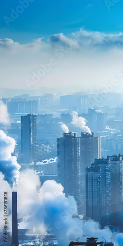 Chaminés de fábrica emitindo poluição com horizonte da cidade embaçado © Alexandre