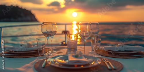 Romantic dinner on yacht with a sunset view and beautiful sea scenery with a big space for text or product advertisement, Generative AI. © Noobs